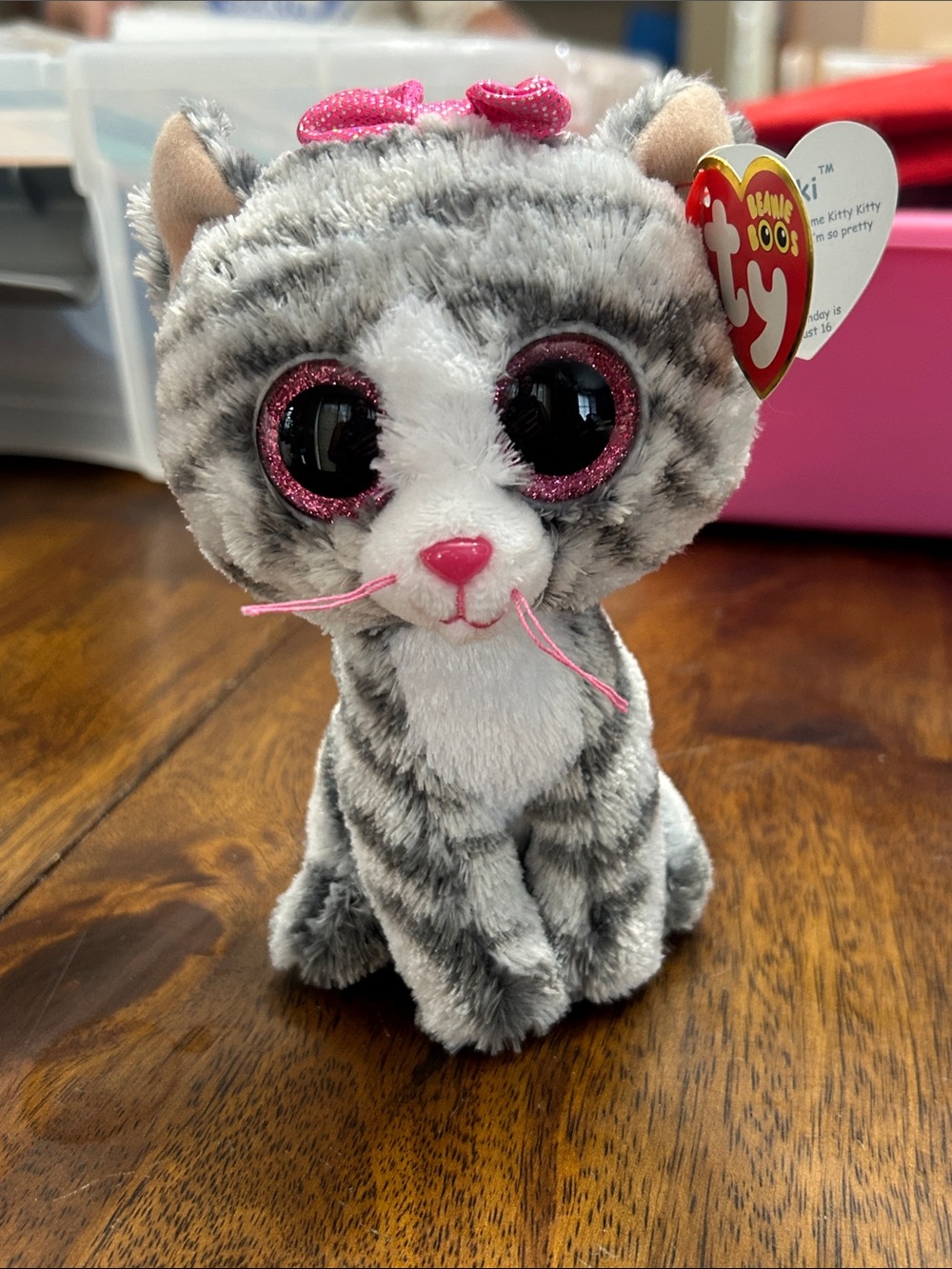 Kiki Ty Gray Tabby Cat Plush with Pink Eyes and Nose
